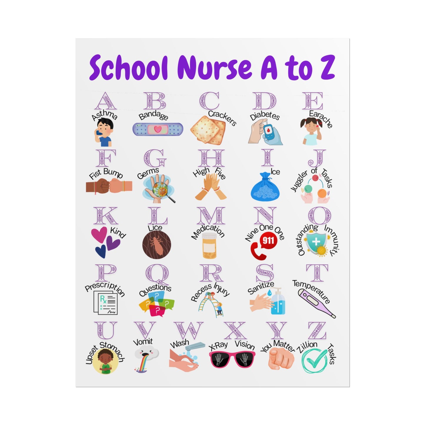 Poster* School Nurse A to Z Rolled Poster | Alphabet Medical Classroom Chart